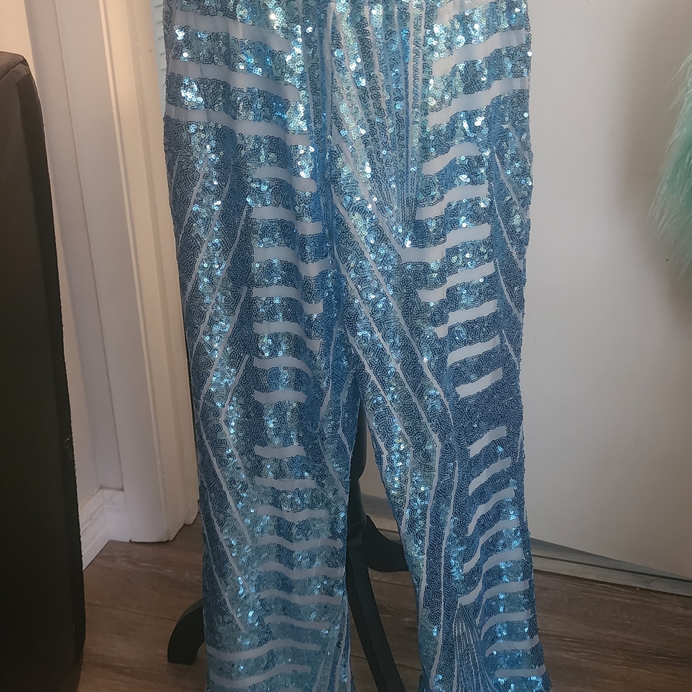 Blue Sequin Striped Pants